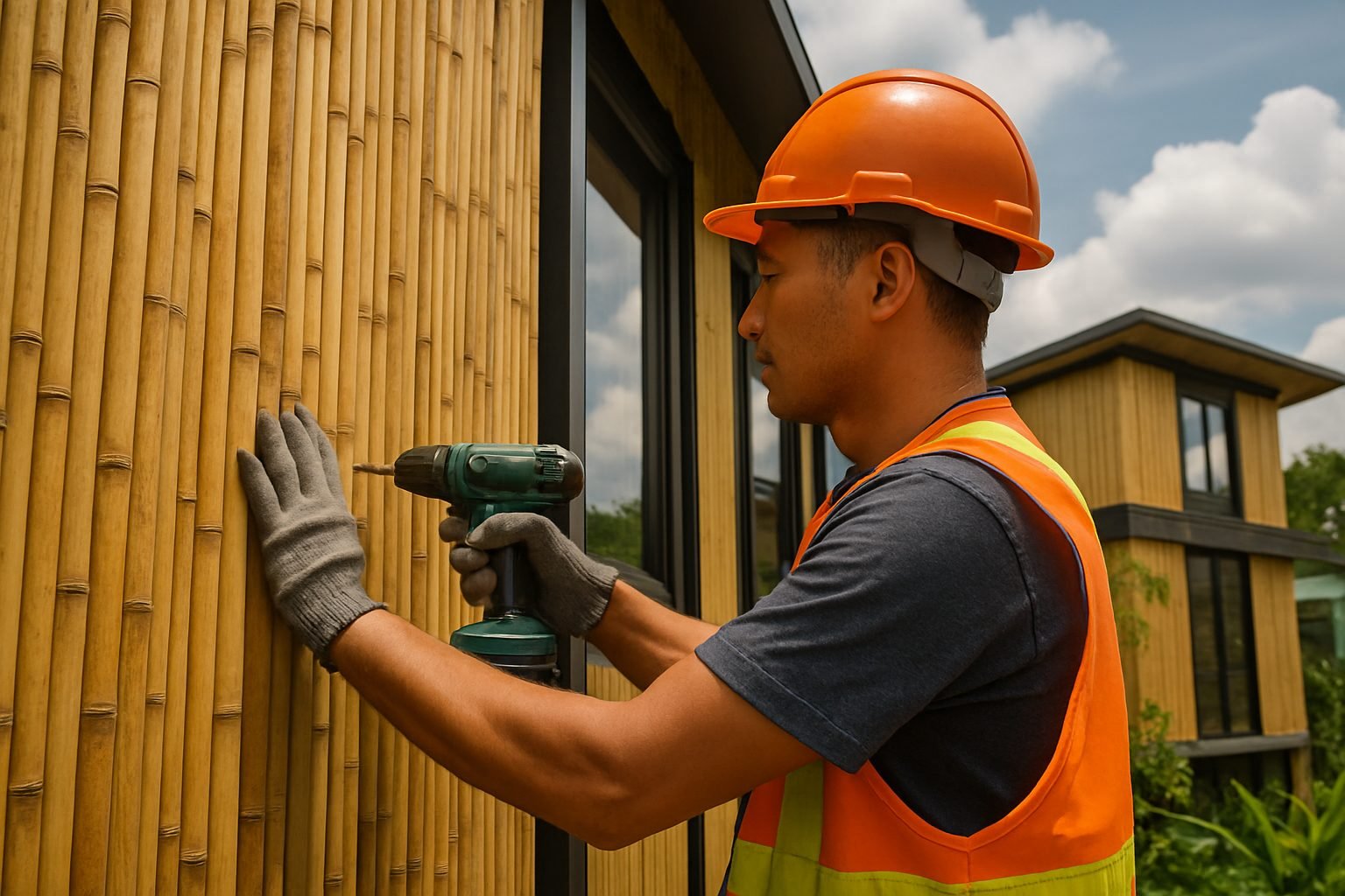 Adapting to Climate Change: The Role of Davao Constructors in Sustainable Building 2 Worker installing bamboo panels on a modern building in Davao.
