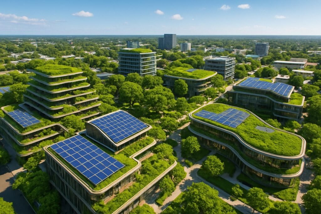 Adapting to Climate Change: The Role of Davao Constructors in Sustainable Building 1 Eco-friendly urban development in Davao with green roofs and solar panels.