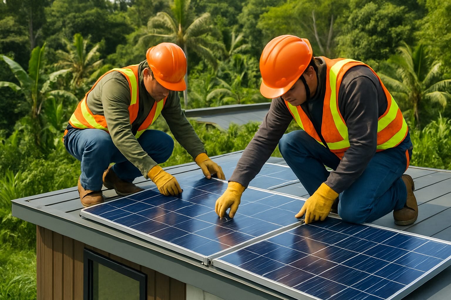 Harnessing Solar: The Rising Trend in Davao Construction 2 Construction workers installing solar panels on a building in Davao.