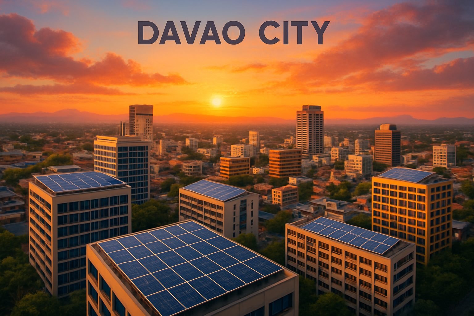 Harnessing Solar: The Rising Trend in Davao Construction 3 Davao skyline with buildings showcasing solar panels at sunset.
