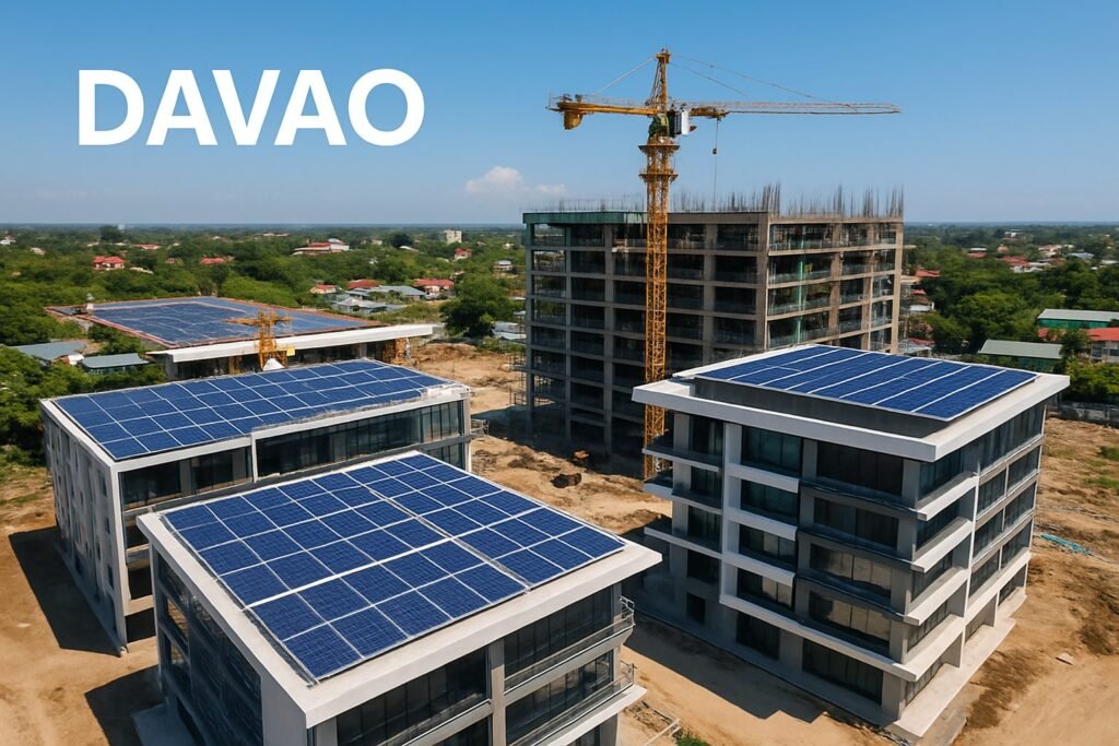 Harnessing Solar: The Rising Trend in Davao Construction 1 Davao construction site with solar panels on rooftops.