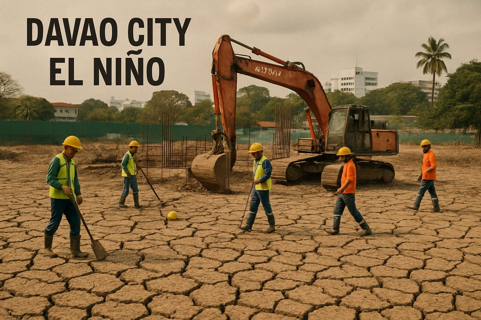 How El Niño Impacts Construction Schedules in Davao City 2 Davao construction site with workers on dry, cracked ground.